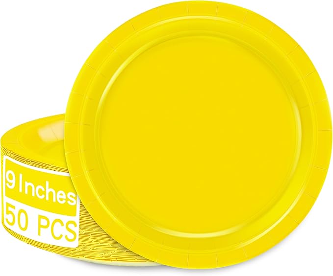 QZYL Disposable Paper Plates Set, 50 PCS Yellow Dinner Paper Plates, Round 9 Inches Party Tableware Pack for Daily Meal Picnic Anniversary Wedding Festival Gathering Party Supplies
