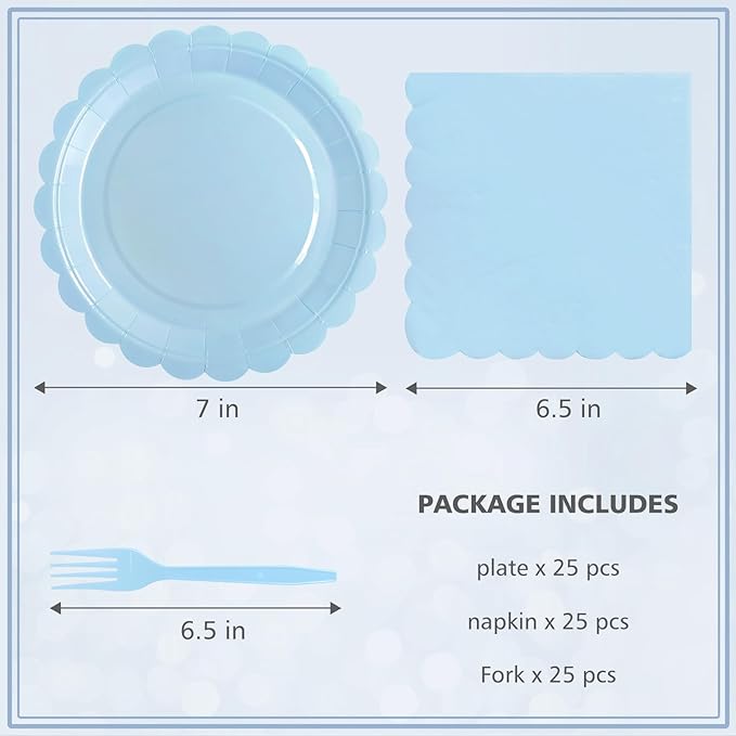 Light Blue Paper Plates and Napkins,7 Inch Baby Blue Scalloped Disposable Dessert Plates Paper Napkin Fork Party Supplies for Wedding Baby Shower Birthday(25 Guest)