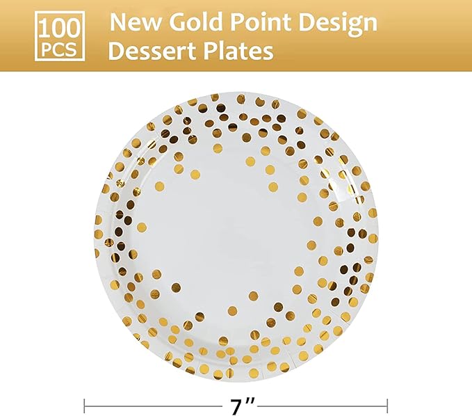 White and Gold Paper Plates,7INCH Gold Dot Dessert Plates,Disposable Party Supplies Suitable for Weddings,Birthdays,Bridal Parties,All Occasions(100 PCS)