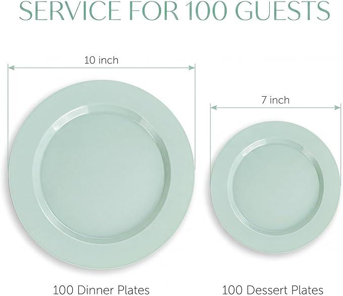 FLOWERCAT 200PCS Sage Green Plastic Plates Disposable Plates for Party - Elegant Plastic Plates - 10" &7" Plate for 100 Guests Spring Parties and Easter & Events