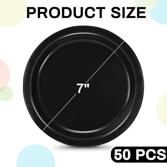 QZYL 50 Count Black 7 Inch Round Paper Plates, Heavy Duty Disposable Dinnerware for Parties, Weddings, BBQs, Birthdays, Picnics