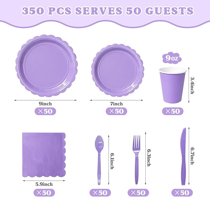 Vyntra 350 Pcs Lavender Purple Disposable Paper Plates and Napkins Set for 50, 9" Dinner Plates & 7" Dessert Plates, Tableware for Birthday, Party
