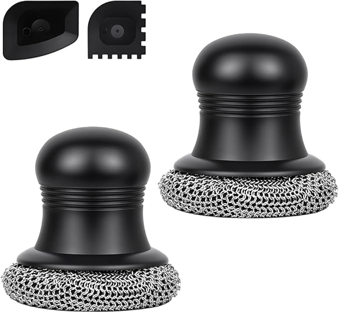 316 Upgraded Cast Iron Scrubber with Pan Scraper,Cast Iron Cleaner for Grill Pan Skillet Wok Carbon Steel,Ergonomic to Hold Easy to Use Dishwasher Safe ((Small Chainmail,2pcs))