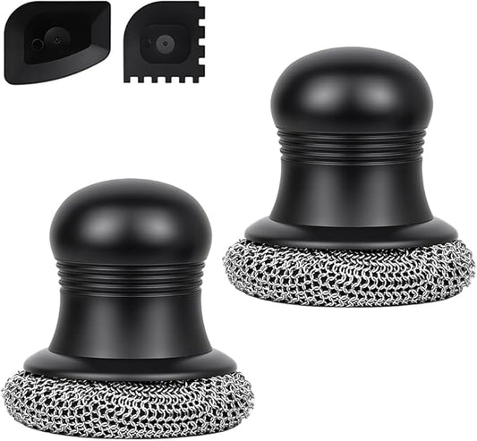 316 Upgraded Cast Iron Scrubber with Pan Scraper,Cast Iron Cleaner for Grill Pan Skillet Wok Carbon Steel,Ergonomic to Hold Easy to Use Dishwasher Safe ((Small Chainmail,2pcs))