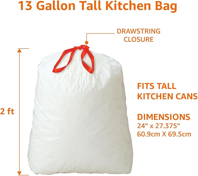 Amazon Basics Tall Kitchen Drawstring Trash Bags, 13 Gallon, Unscented, 45 Count