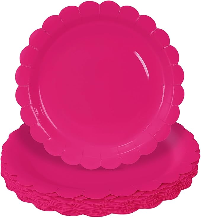 HEIPINIUYE 25 Pieces Hot Pink Paper Plates 9 Inch Disposable Hot Pink Scalloped Dinner Plates for Wedding Baby Shower Birthday Party Dessert Plate