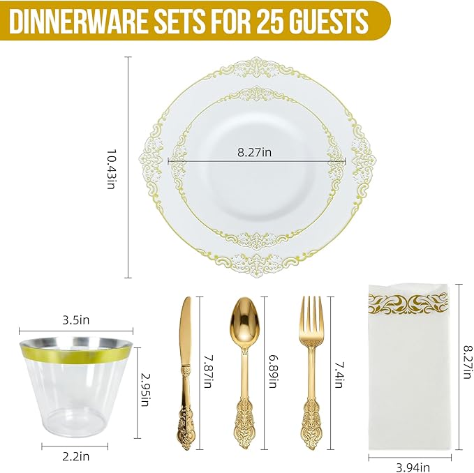 Gold Plastic Dinnerware Sets for 25 Guests - Gold Plastic Plates - 50 Disposable Plates, 75 Silverware, 25 Cups, 25 Napkins for Wedding & Party
