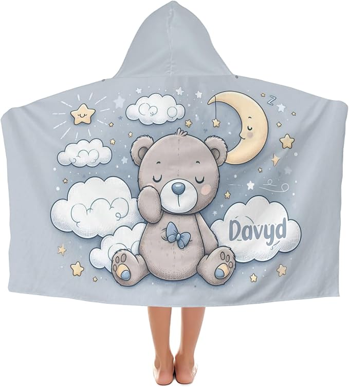 Night Teddy Bear Personalized Kids Hooded Towel with Name Soft Absorbent Beach Pool Bath Towels Hood Poncho for Boys Girls