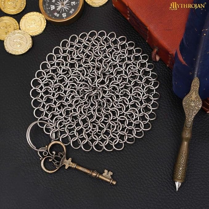 Mythrojan Cast Iron Cleaner, 7 Inches Stainless Steel Round Chainmail Scrubber For Cast Iron Pan Skillet, Wok, Pot, Pan; Pre-Seasoned Pan Dutch Ovens Waffle Iron Pans Scraper Cast