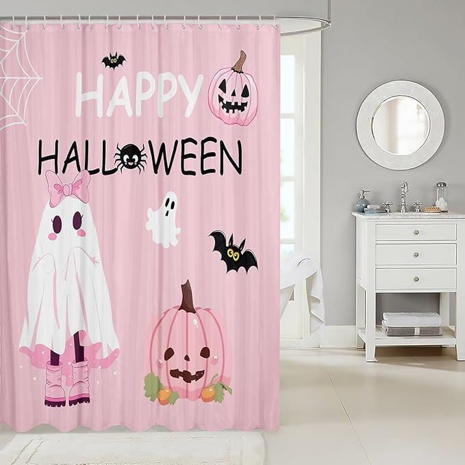 Cartoon Ghost Fabric Shower Curtain,Pumpkin Bat Pink Shower Curtain for Bathroom,Girly Halloween Waterproof Shower Curtain 78 Inch Long
