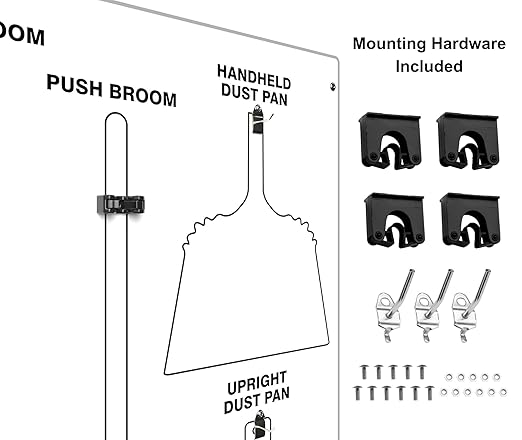 Clean & Sweep 5S Shadow Board/Wall Mount Broom Holder, 68" x 30" Board, 5S Cleaning Station - with Broom and Dustpan Set Included, Made in The USA by AccuformNMC, White/White, PSB116WTWT