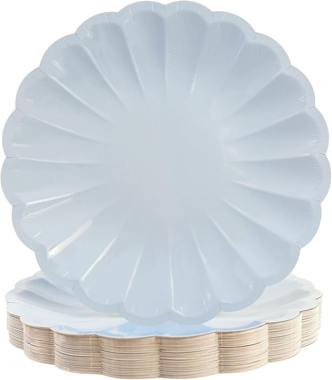 50Pcs Large Scalloped Light Blue Paper Plates 9Inch Shell Edge Dinner Plates for Cake Salad Fruit Disposable Dinner Serving Plates for Birthday Wedding Baby Shower Party Decorations