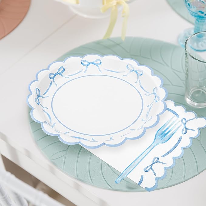 JarThenaAMCS 175Pcs Blue Bow Party Supplies Kit Scalloped Bowknot Tableware Set Disposable Dinnerware Paper Napkin Plate Cup Spoon Fork Knife for 25 Guests Party Favor