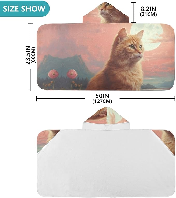 Hooded Towel for Kids Orange Cat and Pink Flowers Near The River Beach Wrap Bath Towels 50x23.5in