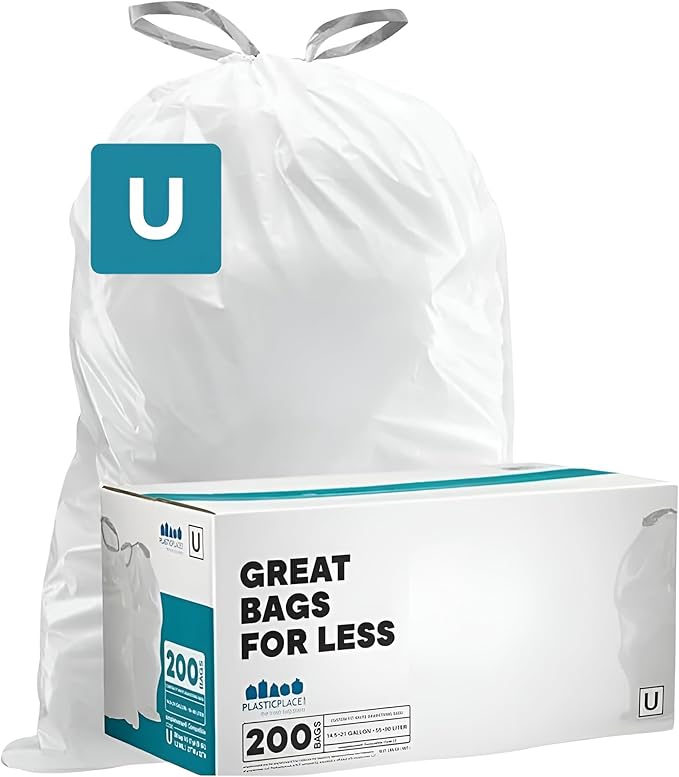 Plasticplace Custom Fit Trash Bags, Compatible with simplehuman Code U (200 Count) White Drawstring Garbage Liners 14.5-21 Gallon/ 55-80 Liter 26.5" x 32"