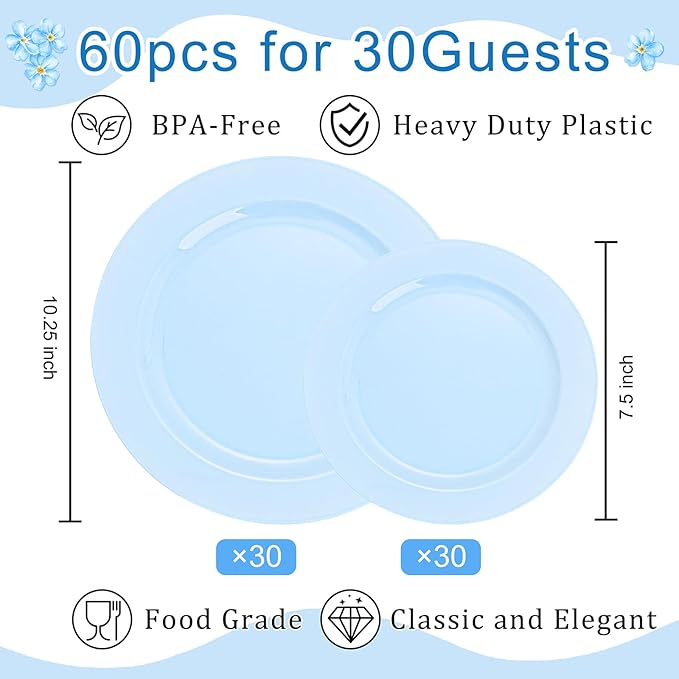 FLOWERCAT 60PCS Light Blue Heavy Duty Plastic Disposable Party Plates Set – 30pcs 10.25″ Dinner & 30pcs 7.5″ Dessert Plates – Durable Blue Tableware for Easter Parties, Wedding, BBQ & Baby Shower