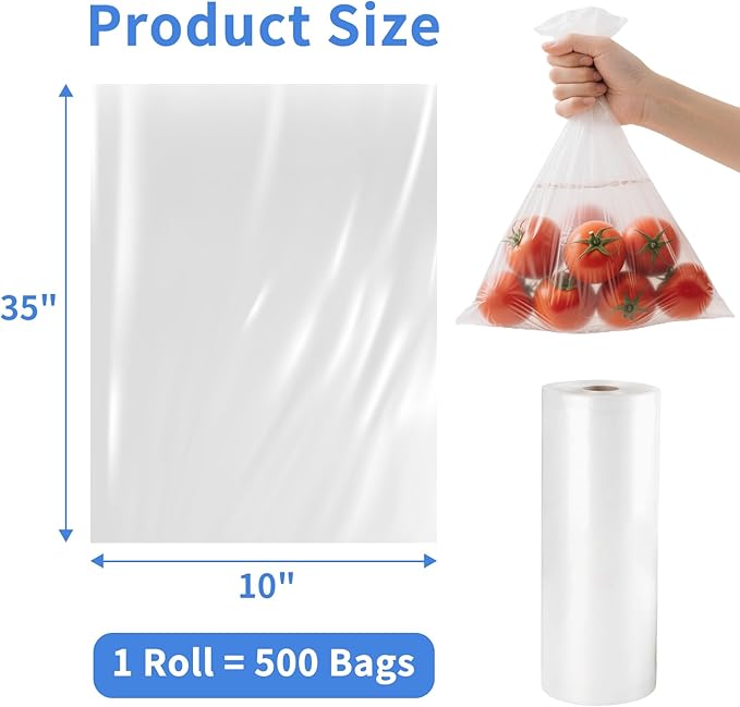 Clear Plastic Bags Roll - 2 Rolls 10x14 Food Storage bags, Leakproof Perforated Produce Bags, Vegetables, Fruits, Pet Waste, Trash Can Liners，Food Storage Bags, 500 Bags/Roll(2 Roll)
