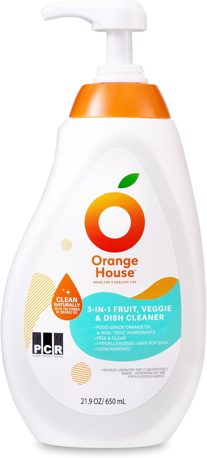 ORANGE HOUSE 3 in 1 Plant Based Dish Soap, Non Harmful Ingredients Veggie Wash, Orange Oil Fruit and Vegetable Wash, Convenient Fruit Wash, 21.9 Fl Oz Fruit Cleaner, Natural Dish Soap (1 Pack)