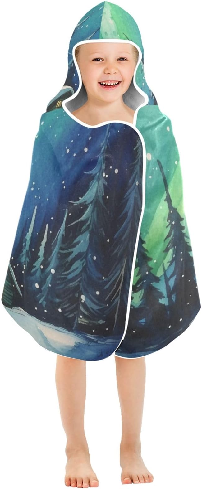 Hooded Towel for Kids Forest Winter House and Aurora Beach Wrap Bath Towels 50x23.5in