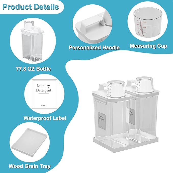 77.8OZ Laundry Detergent Dispenser Container, 2 Pack Liquid Laundry Dispenser, Plastic Detergent Dispensers for Laundry Room/Powder/Fabric Softener with Labels/Tray, Clear