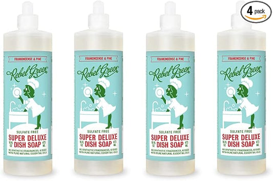 Rebel Green Super Deluxe Frankincense and Pine Scent Dish Soap, Sulfate Free, 16 Ounce (Pack of 4)
