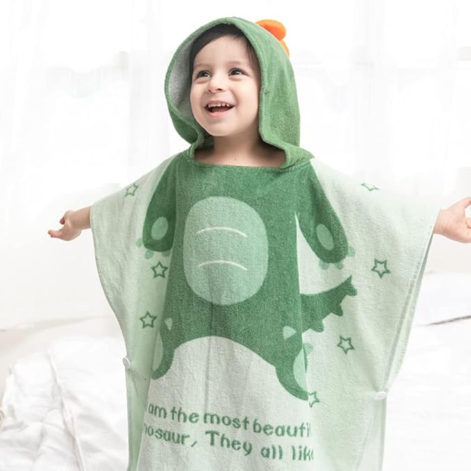 TONWHAR Kids Bath/Pool/Beach Hooded Poncho Towel-Cartoon Animal Pattern Cotton Beach Towel for Baby and Kids (Army Green Dinosaur, 5-9 Years/Height:43.3"-51.2")