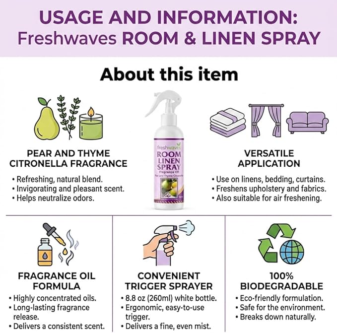 Freshwaves Room & Linen Spray | Pear & Thyme Citronella Fragrance Oil | 8.8oz Air Freshener | Odor Eliminator | Room Spray for Living Room | Bedroom | Restroom & Office | White Trigger Bottle