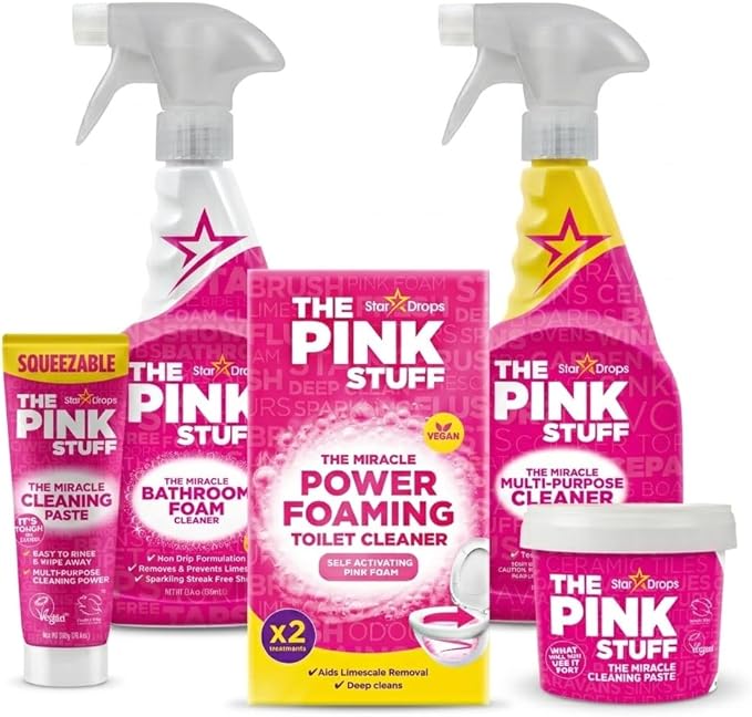 The Pink Stuff Cleaning Bundle Kit, Squeezable Cleaning Paste, Cleaning Paste, Toilet Foaming Powder, Multi Purpose Spray, Bathroom Cleaner Spray, Household Cleaning Supplies Set