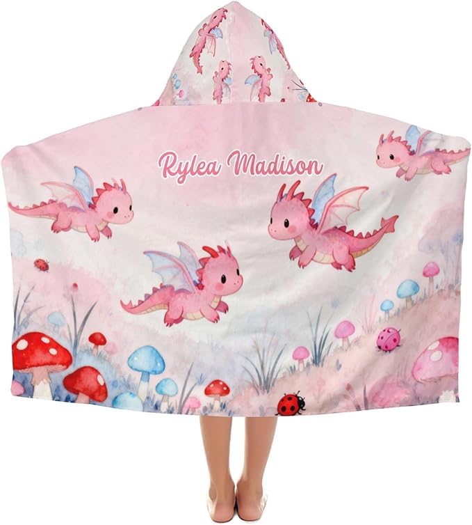 Pink Dragon Mushroom Personalized Hooded Towel Absorbent Wrap Soft Pool Beach Bath Towels Hood Poncho for 5-12 Years Kids Boys Girls