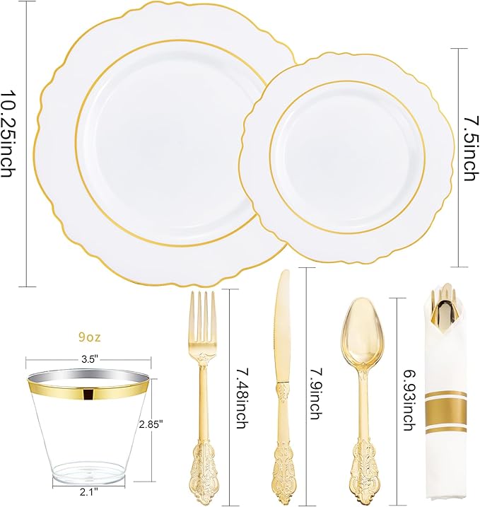 Liacere 350PCS Gold Plastic Plates-Disposable White and Gold Plates 50guest Baroque Plastic Dinnerware include 100Plates, 50Pack Pre Rolled Napkins with Silverware 50Cups for Wedding & Mothers Day