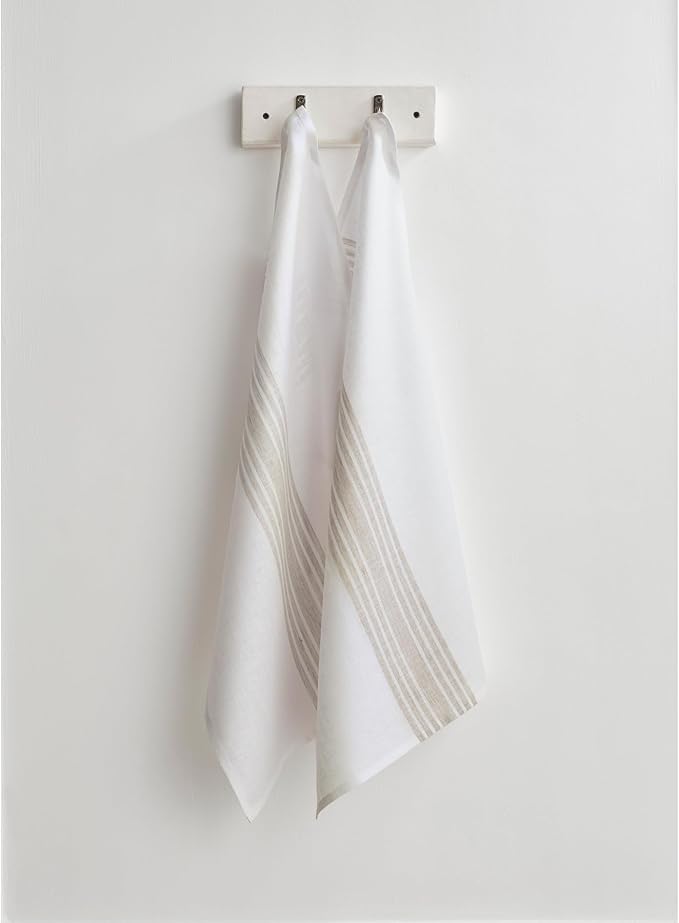 Solino Home Natural and White Linen Kitchen Towels Set of 2-100% Pure Linen 17 x 26 Inch Farmhouse Tea Towels with Hanging Loop - European Flax Kitchen Dish Cloth - Quick Dry & Machine Washable