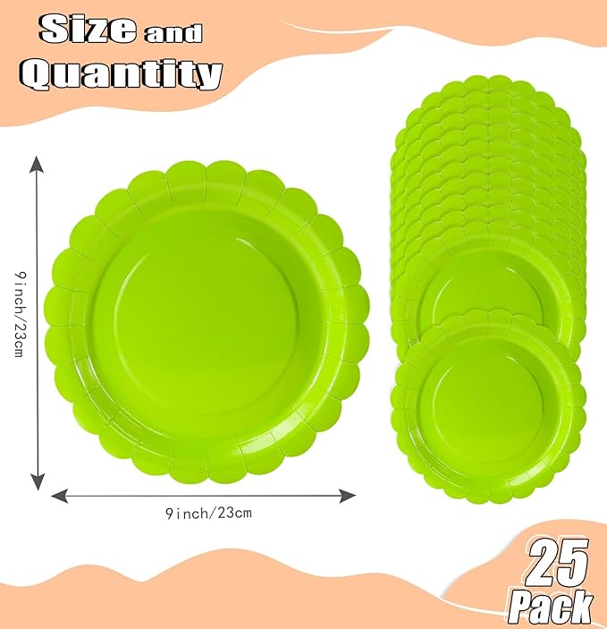 HEIPINIUYE 25 Pieces Lime Green Paper Plates 9 Inch Green Scalloped Plates Disposable Dinner Plates for Wedding Baby Shower Birthday Halloween Party Dessert Plates