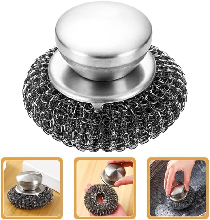 Toyvian Scrubber Brush with Ergonomic Handle, Stainless Steel Heavy Duty BBQ Grill Brush Kitchen Pot Scrubber Non-Scratch Scouring Pad for Cleaning Cast Iron Pots Pans Griddles and Sinks
