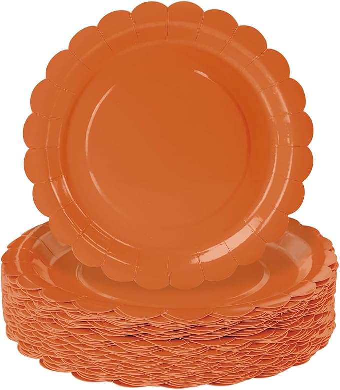 HEIPINIUYE 25 Pieces Orange Paper Plates 7 Inch Fall Orange Scalloped Plates Disposable Dinner Plates for Wedding Baby Shower Birthday Thanksgiving Party Dessert Plates