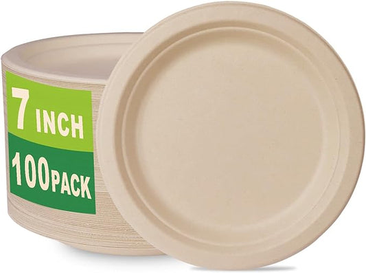 GreenWorks 100 Count 7“ Heavy-duty Compostable Plates, Unbleached Biodegradable Bagasse and Bamboo fiber Paper Plates