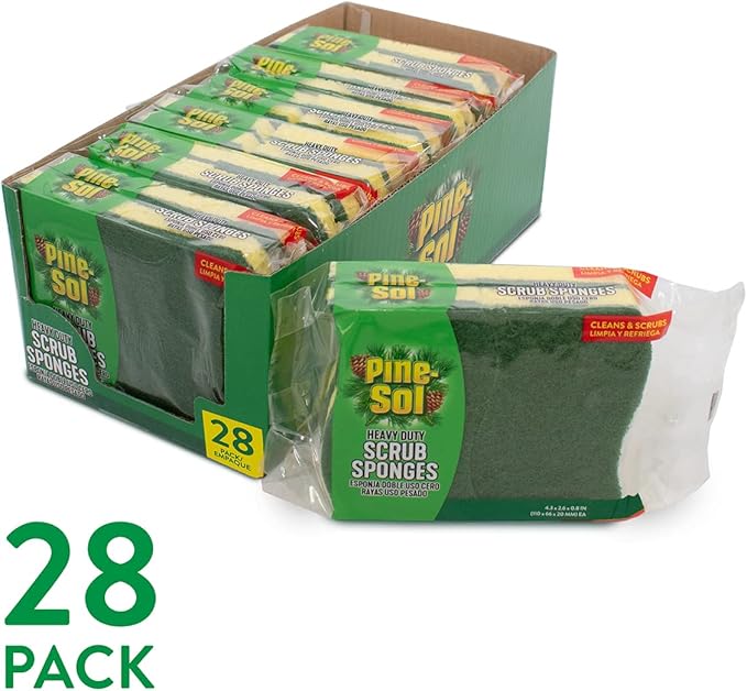 Pine-Sol Heavy Duty Scrub Sponges - Double Sided Dish Scrubber with Scouring Pad - Kitchen Essentials for Dishwashing and Cleaning Supplies, Bulk 28 Pack