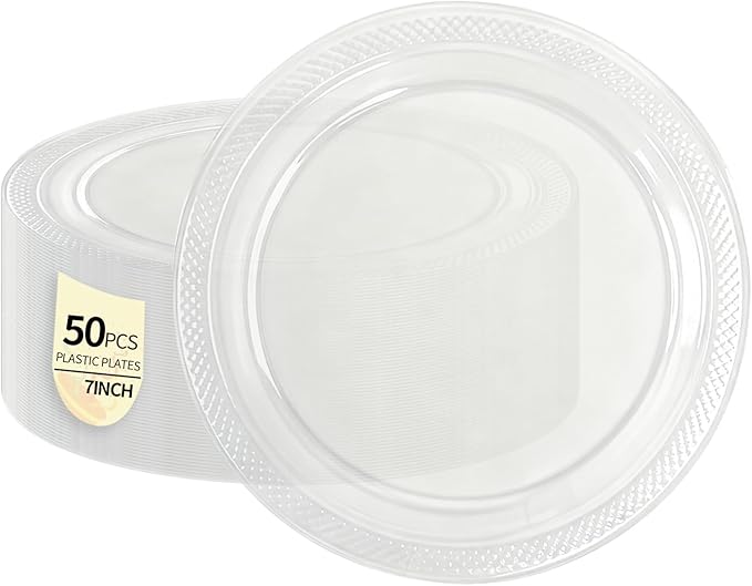 50 Pack Clear Plastic Plates, 7 Inch Disposable Party Plates Dinner Plates for BBQ Picnic Wedding Birthday Travel Events Party Supplies (Clear, 7 Inch)