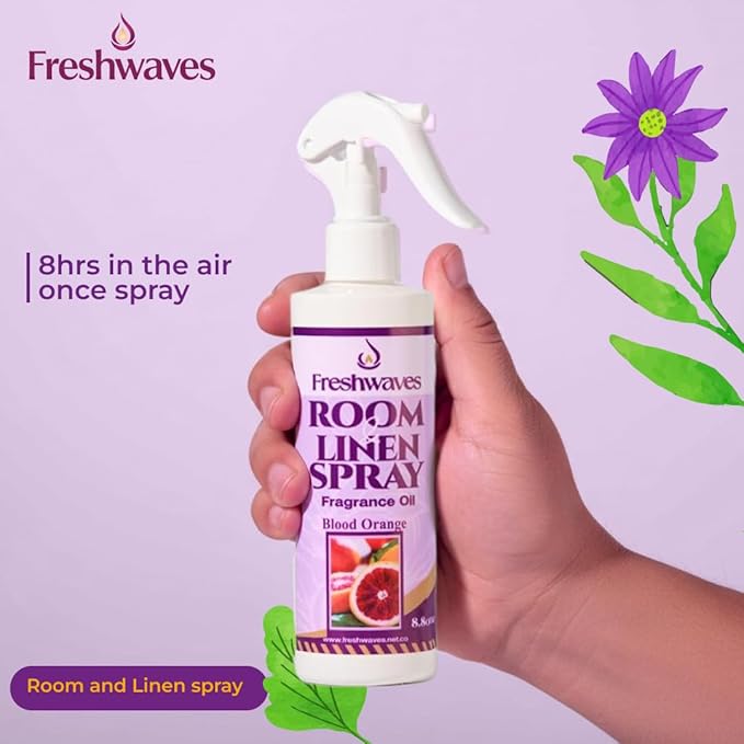 Freshwaves Room & Linen Spray | Blood Orange Fragrance Oil | 8.8oz Air Freshener | Odor Eliminator for Living Room, Bedroom, Bathroom & Office | White Bottle