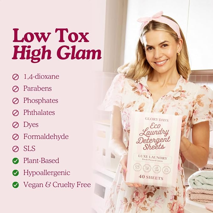 Glory Days Eco Laundry Detergent Sheets Fragrance Free – Enzyme-Powered, Sensitive Skin Safe, Plastic-Free – 40 Sheets 80 Loads HE Compatible