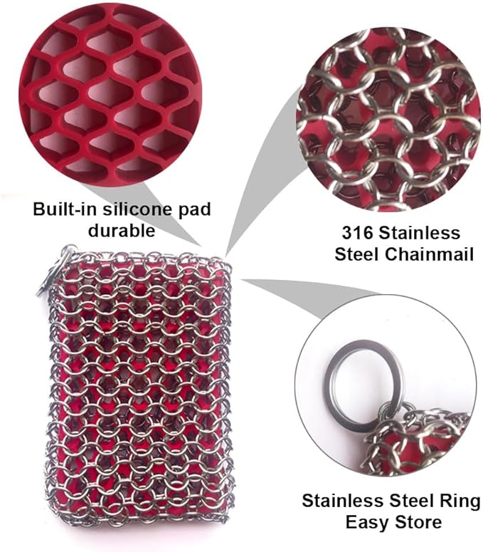 Cast Iron Skillet Cleaner, 316 Chainmail Scrubber Built-in Silicone Cast Iron Cleaner for Cast Irons Grill Pan Skillet Wok Bakeware Easy to Use Dishwasher Safe, Scrubber + Scraper + Towel