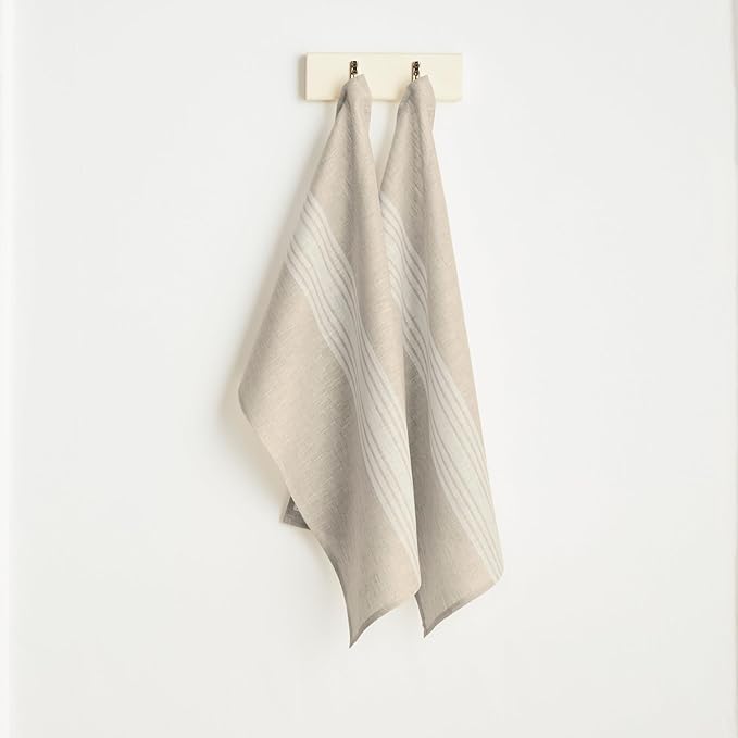 Solino Home White and Natural Linen Kitchen Towels Set of 2-100% Pure Linen 17 x 26 Inch Farmhouse Tea Towels with Hanging Loop - European Flax Kitchen Dish Cloth - Quick Dry & Machine Washable