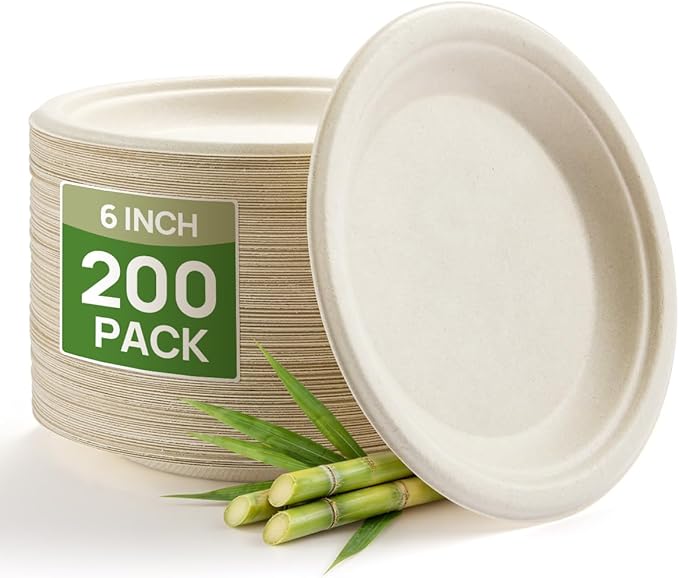 Goodluck 6 Inch Natural Compostable Plates 200 Pack, 100% FSC Certified Unbleached Bagasse Paper Plates, Heavy Duty Eco Friendly Disposable Plates for Party, Wedding, BBQ, Catering & Everyday Use