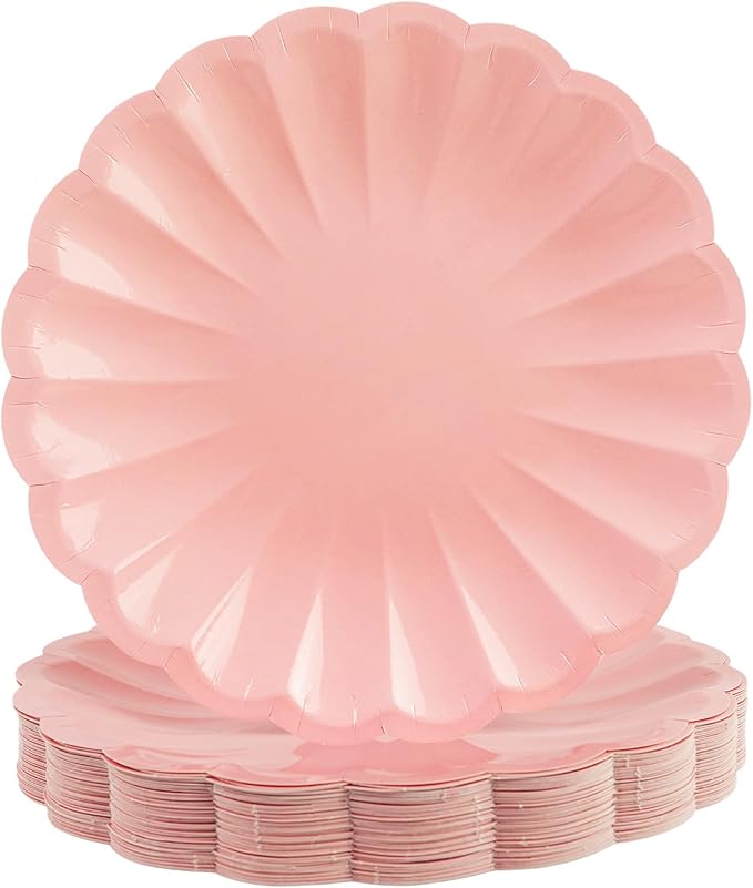 50Pcs Large Scalloped Light Pink Paper Plates 7Inch Shell Edge Dessert Plates for Cake Salad Fruit Disposable Dessert Serving Plates for Birthday Wedding Baby Shower Party Decorations