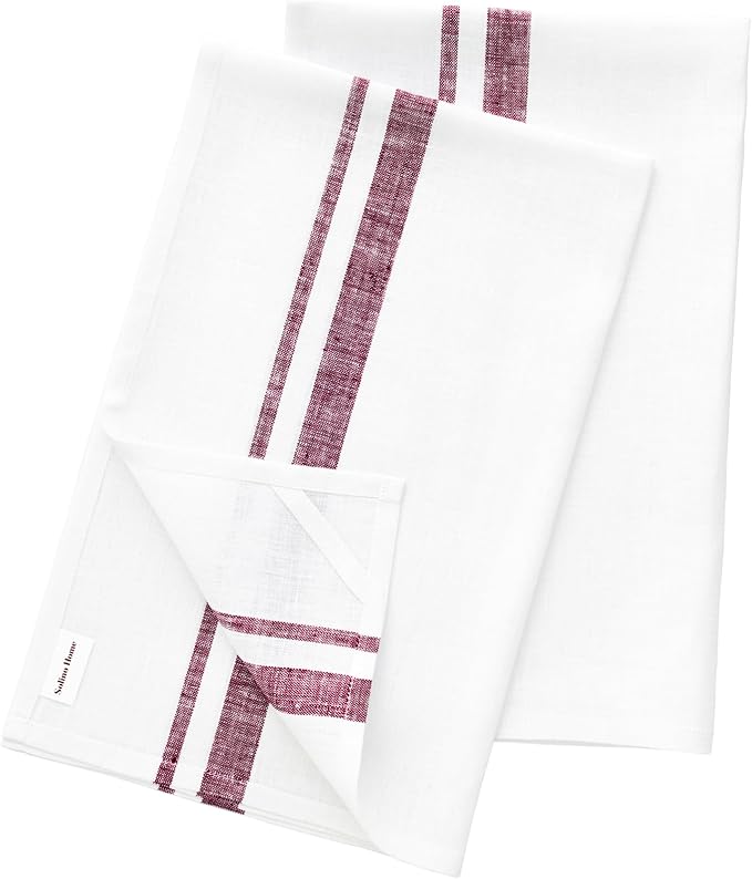 Solino Home Burgundy and White Linen Kitchen Towels Set of 2-100% Pure Linen 17 x 26 Inch French Stripe Tea Towels with Hanging Loop - European Flax Kitchen Dish Cloth- Quick Dry & Machine Washable