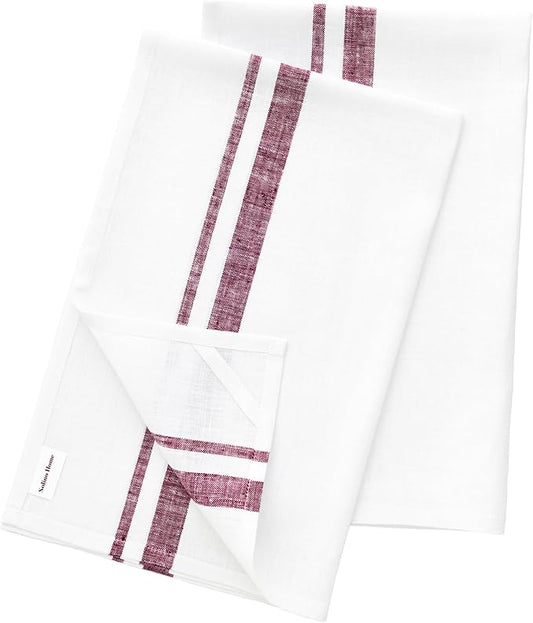 Solino Home Burgundy and White Linen Kitchen Towels Set of 2-100% Pure Linen 17 x 26 Inch French Stripe Tea Towels with Hanging Loop - European Flax Kitchen Dish Cloth- Quick Dry & Machine Washable