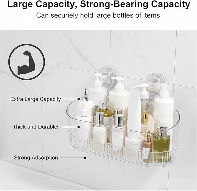 DDRIC No-Drill Bathroom Suction Storage Box, Large Capacity Bathroom Hanging Suction Storage Box with Strong Load Bearing, Removable Suction Cup Shower Caddy Organizer for Wall (1PC-B)