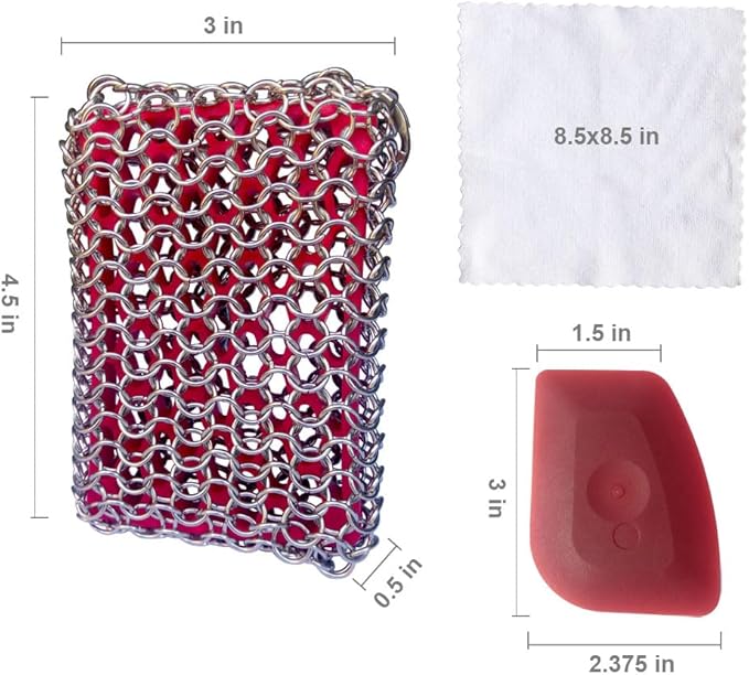 Cast Iron Skillet Cleaner, 316 Chainmail Scrubber Built-in Silicone Cast Iron Cleaner for Cast Irons Grill Pan Skillet Wok Bakeware Easy to Use Dishwasher Safe, Scrubber + Scraper + Towel