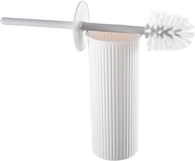 Decorative Plastic Toilet Bowl Brush and Holder Set, White (1 Pack) Cleaner Scrubber for Bathroom - Ribbed Design