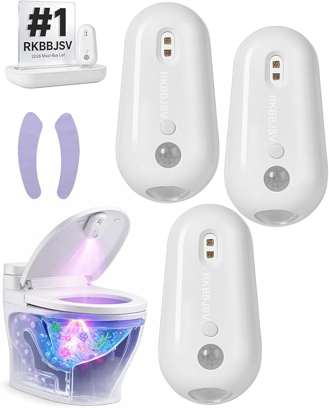 Self Cleaning UV Toilet Sanitizer and Night Light, Motion-Activated, USB Rechargeable, Adhesive-Mounted, 6-Color RGB Mode, IPX5 Waterproof for Shared Bathroom, Elderly & Pet(3pcs)