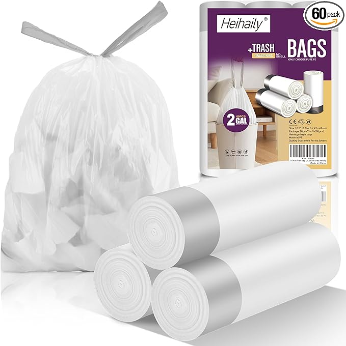 2 Gallon Trash Bags Drawstring - 3 Rolls 60 Counts Mini Garbage Bags for Home Office Outdoor Small Trash Can Bulk Unscented Clear White Strong Thick Plastic Wastebasket Liners Heihaily